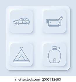 Set line Car, Cinema camera, Tourist tent and Canteen water bottle. White square button. Vector