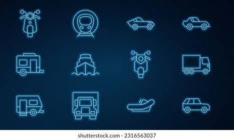 Set line Car, Delivery cargo truck, Cruise ship, Rv Camping trailer, Scooter,  and Train and railway icon. Vector