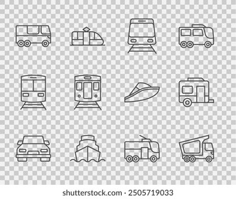Set line Car, Delivery cargo truck, Train and railway, Cruise ship, Bus, Trolleybus and Rv Camping trailer icon. Vector