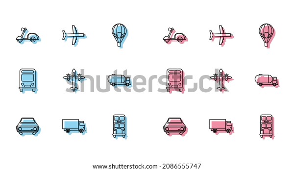 Set line Car, Delivery cargo truck vehicle,\
Scooter, Double decker bus, Old retro vintage plane, Tanker, Bus\
and Plane icon. Vector