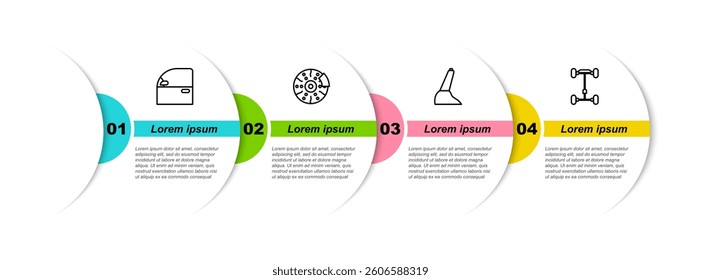 Set line Car door, brake disk with caliper, handbrake and Chassis car. Business infographic template. Vector