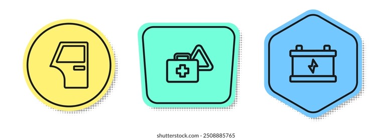 Set line Car door, First aid kit and warning triangle and battery. Colored shapes. Vector