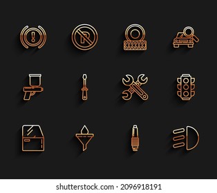 Set line Car door, Funnel filter and motor oil drop, Brake system warning, spark plug, High beam, Screwdriver, Traffic light and Wrench icon. Vector