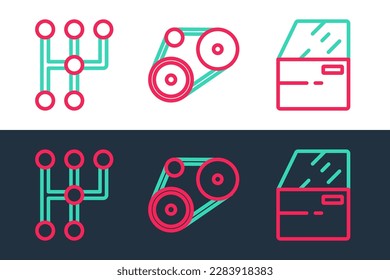 Set line Car door, Gear shifter and Timing belt kit icon. Vector