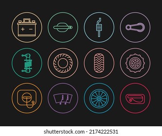 Fijar la línea Mango de la puerta del coche, rueda, silenciador, neumático, amortiguador de golpes, batería e icono. Vector