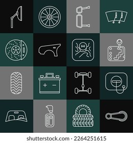 Set line Car door handle, Oil filler cap at gas station, Gear shifter, Truck side mirror, fender, brake disk with caliper, Windscreen wiper and  icon. Vector