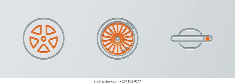 Set line Car door handle, wheel and  icon. Vector