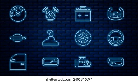 Set line Autotürgriff, Lenkrad, Batterie, Getriebe, Geschwindigkeitsmesser und Motorsymbol. Vektorgrafik