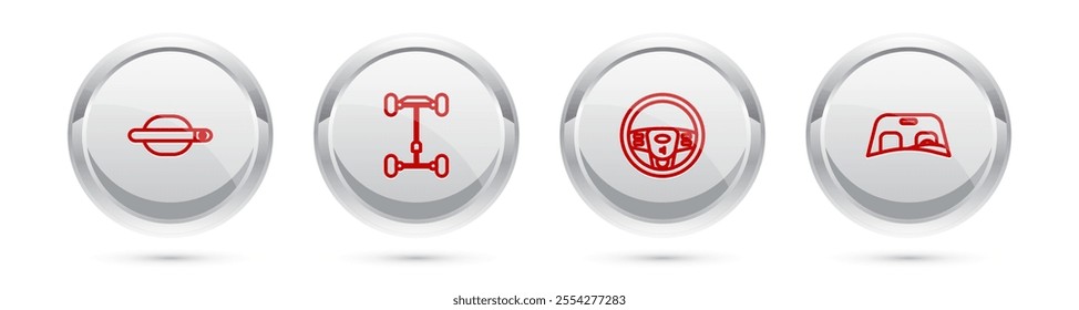 Set line Car door handle, Chassis car, Steering wheel and windscreen. Silver circle button. Vector