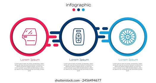 Set line Car door, key with remote and Alloy wheel for car. Business infographic template. Vector