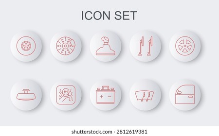 Set line Car door, mirror, Gear shifter, Windscreen wiper, brake disk, with caliper,  and battery icon. Vector
