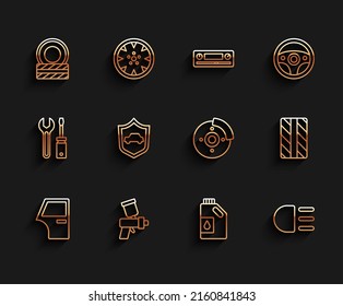 Set line Car door, Paint spray gun, tire wheel, Canister for motor oil, High beam, with shield,  and brake disk caliper icon. Vector