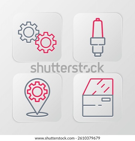 Set line Car door, service, spark plug and Gear icon. Vector