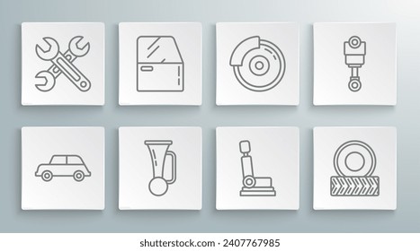 Set line Car, door, Signal horn on vehicle, seat, wheel, brake disk with caliper, Engine piston and Wrench icon. Vector