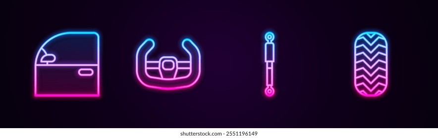 Set line Car door, Sport steering wheel, Shock absorber and tire. Glowing neon icon. Vector