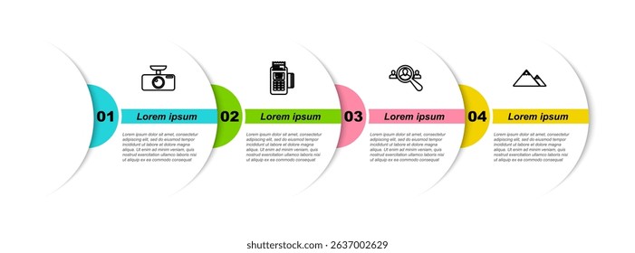 Set line Car DVR, POS terminal, Magnifying glass for search people and Mountains. Business infographic template. Vector