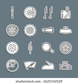 Set line Car engine, wheel, mirror, Windscreen wiper, brake disk with caliper, Shock absorber and door handle icon. Vector
