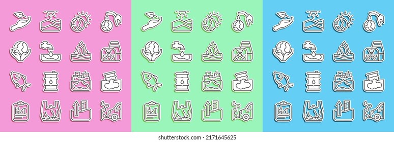 Set line Car exhaust, Barrel oil leak, Nuclear power plant, Global warming, Water problem, Hand holding Earth globe, Sprout hand and Iceberg icon. Vector