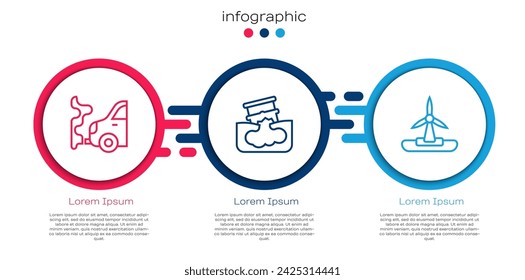 Set line Car exhaust, Barrel oil leak and Wind turbine. Business infographic template. Vector