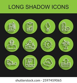 Set line Car exhaust, Wastewater, Petrol or gas station, CO2 emissions in cloud, Rise level, Drought, Withered tree and Sun icon. Vector