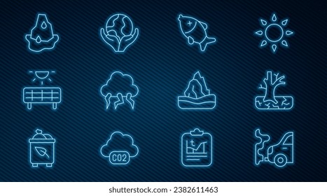 Set line Car exhaust, Withered tree, Dead fish, Storm, Solar energy panel, Glacier melting, Iceberg and Hand holding Earth globe icon. Vector