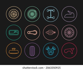 Set line Car fender, wheel, Chassis car, door handle,  and  icon. Vector