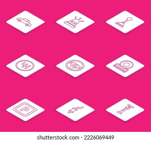 Set line Car, Flasher siren, Gear shifter, Steering wheel, Parking and muffler icon. Vector
