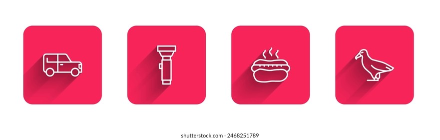 Set line Car, Flashlight, Hotdog sandwich and Albatross with long shadow. Red square button. Vector