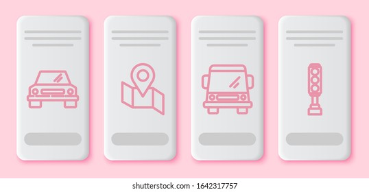 Set line Car, Folded map with location marker, Car and Traffic light. White rectangle button. Vector