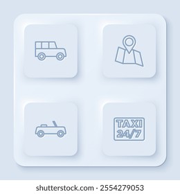 Set line Car, Folded map with location,  and Location taxi. White square button. Vector