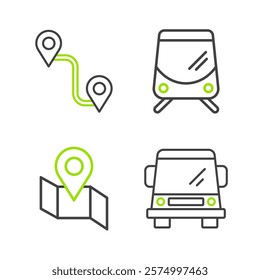 Set line Car, Folded map with location marker, Tram and railway and Route icon. Vector