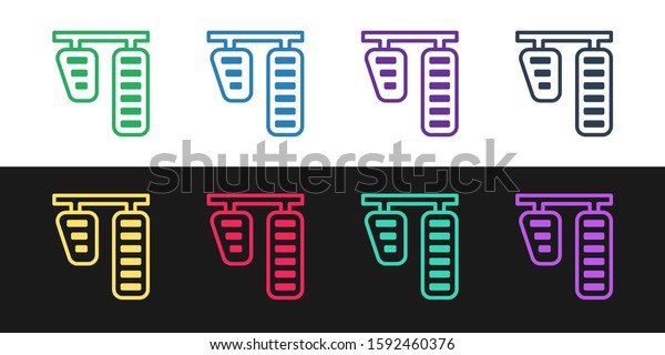 Set line Car gas and\
brake pedals icon isolated on black and white background.  Vector\
Illustration
