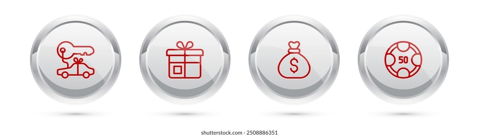 Set line Car gift, Gift box, Money bag and Casino chips. Silver circle button. Vector