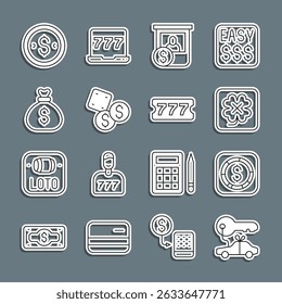 Set line Car gift, Coin money with dollar, Casino slot machine, chips exchange, Game dice, Money bag,  and Lottery ticket icon. Vector