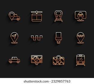 Fijar la línea Car, el dispositivo Gps con mapa, el taxi de ubicación, el tren, el techo de los taxis y el icono del cinturón de seguridad. Vector