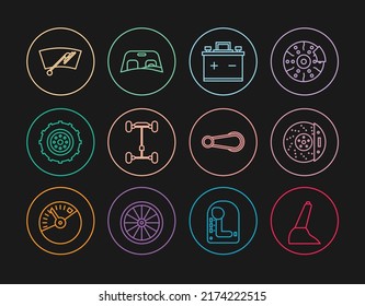 Set line Car handbrake, disk with caliper, battery, Chassis car, wheel, Windscreen wiper, door handle and windscreen icon. Vector