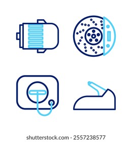 Set line Car handbrake, Oil filler cap at gas station, disk with caliper and Electric engine icon. Vector