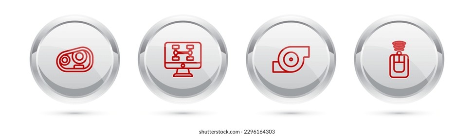 Set line Car headlight, Diagnostics condition of car, Automotive turbocharger and key with remote. Silver circle button. Vector