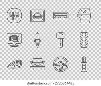 Set line Car headlight, key with remote, audio, Gear shifter, spark plug, Steering wheel and tire icon. Vector