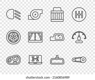 Set line Car headlight, Timing belt kit, air filter, Diagnostics condition of car, High beam, Gps device with map, mirror and Speedometer icon. Vector
