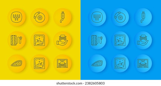 Fije la línea Faro del coche, manómetro de presión del neumático, gas del motor, lavado, automóvil de comprobación automática del servicio, selector de marcha, silenciador y disco de freno con icono de pinza de freno. Vector