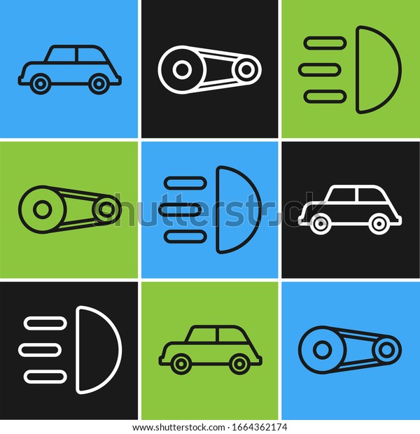 Set\
line Car, High beam and Timing belt kit icon.\
Vector