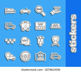 Set line Car, High-speed train, Taxi car roof, Magnifying glass and taxi, Bus,  and Taximeter icon. Vector