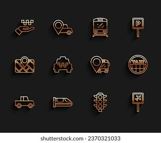 Set line Car, High-speed train, Hand with taxi, Traffic light, Airport, Taxi car, roof and Location bus icon. Vector