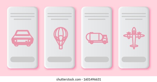 Set line Car, Hot air balloon, Tanker truck and Old retro vintage plane. White rectangle button. Vector