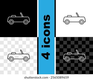 Set line Car icon isolated on black and white, transparent background. Front view.  Vector