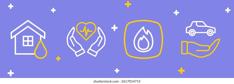 Set line Car insurance, Fire flame, Life and House flood icon. Vector