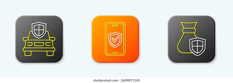 Set line Car insurance, Insurance online and Money bag with shield icon. Vector