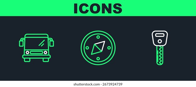 Set line Car key, Bus and Compass icon. Vector