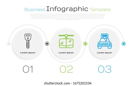 Set line Car key, Cable car and Taxi car. Business infographic template. Vector